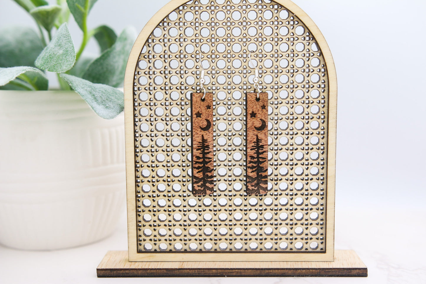 Pine tree moon Rectangle Dangle Earrings | Fall season | wooden