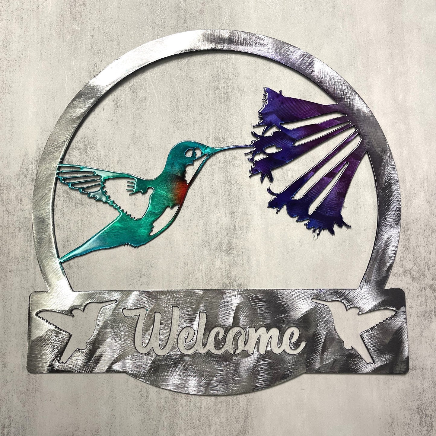 Hummingbird Welcome Sign 12 3/4" x 12 3/4" Colored Steel
