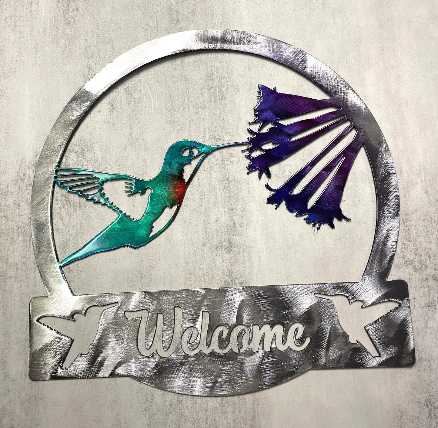 Hummingbird Welcome Sign 12 3/4" x 12 3/4" Colored Steel
