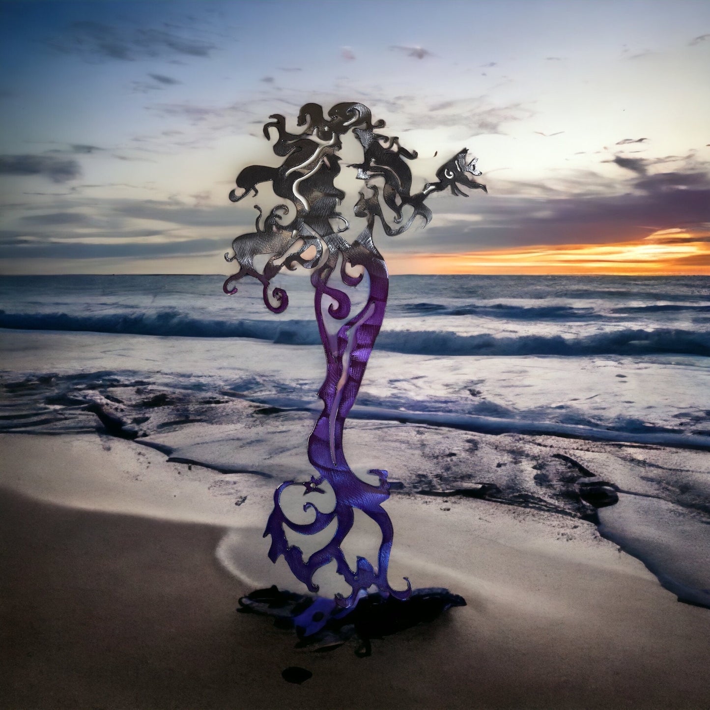 Tall Mermaid with a Fish - Metal Wall Art Purple Tinged