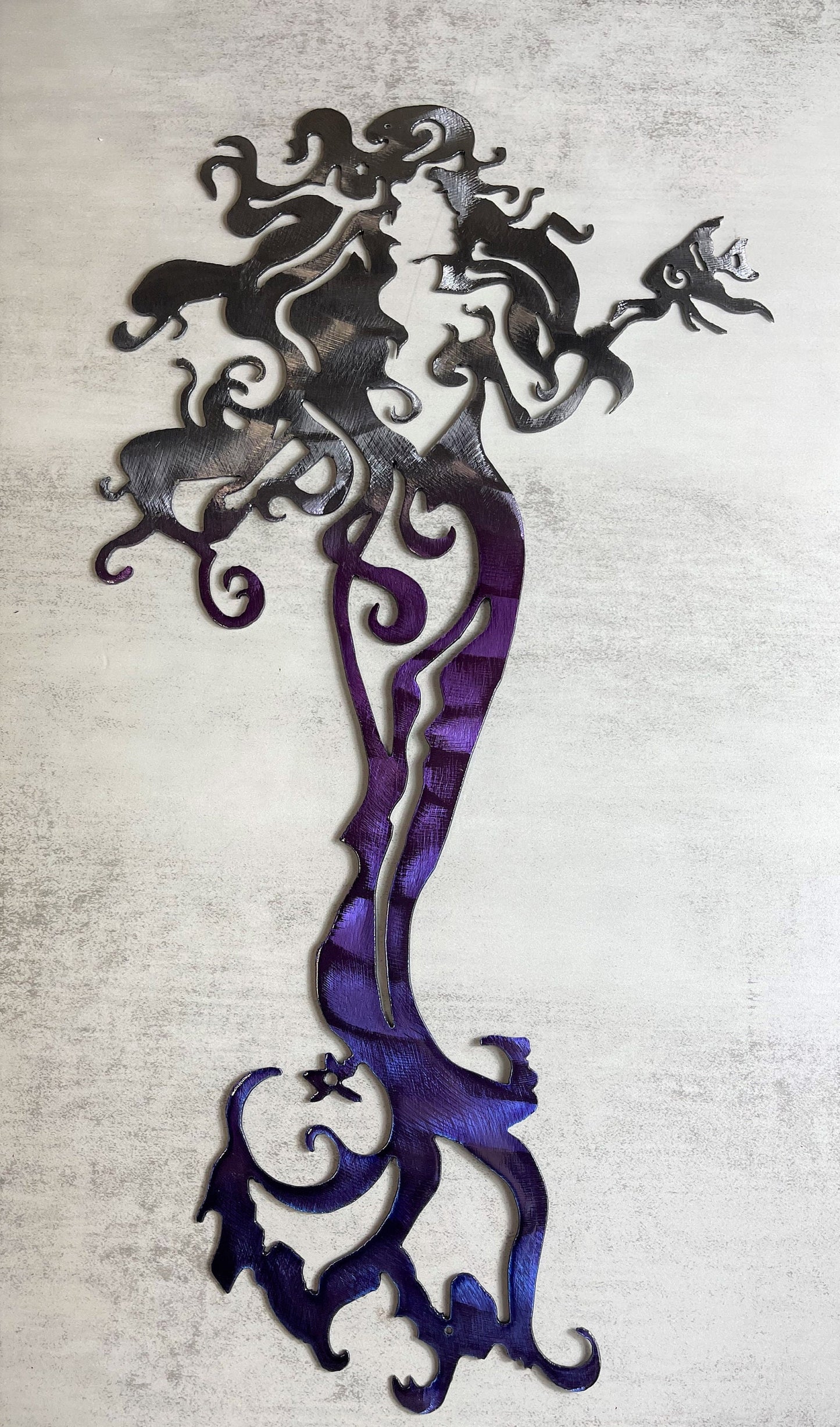 Tall Mermaid with a Fish - Metal Wall Art Purple Tinged