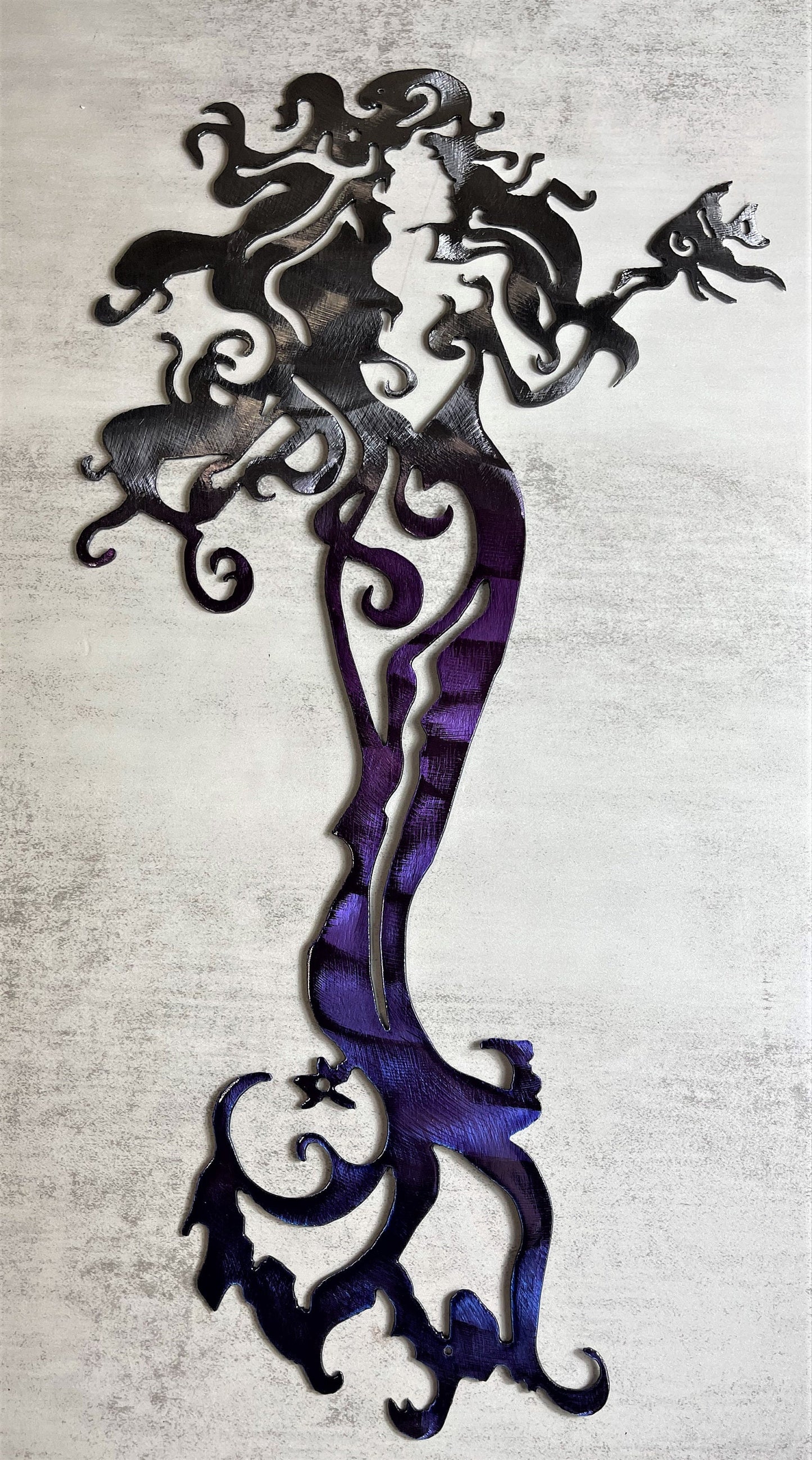 Tall Mermaid with a Fish - Metal Wall Art Purple Tinged