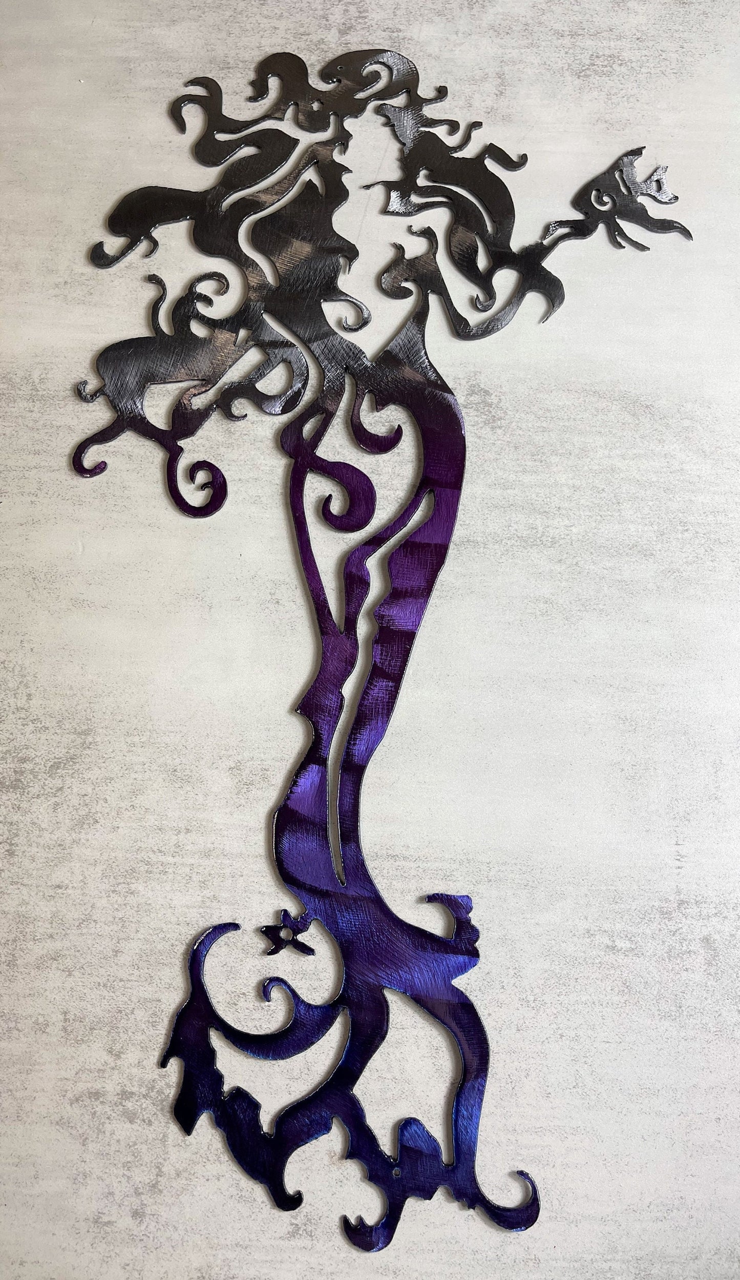 Tall Mermaid with a Fish - Metal Wall Art Purple Tinged
