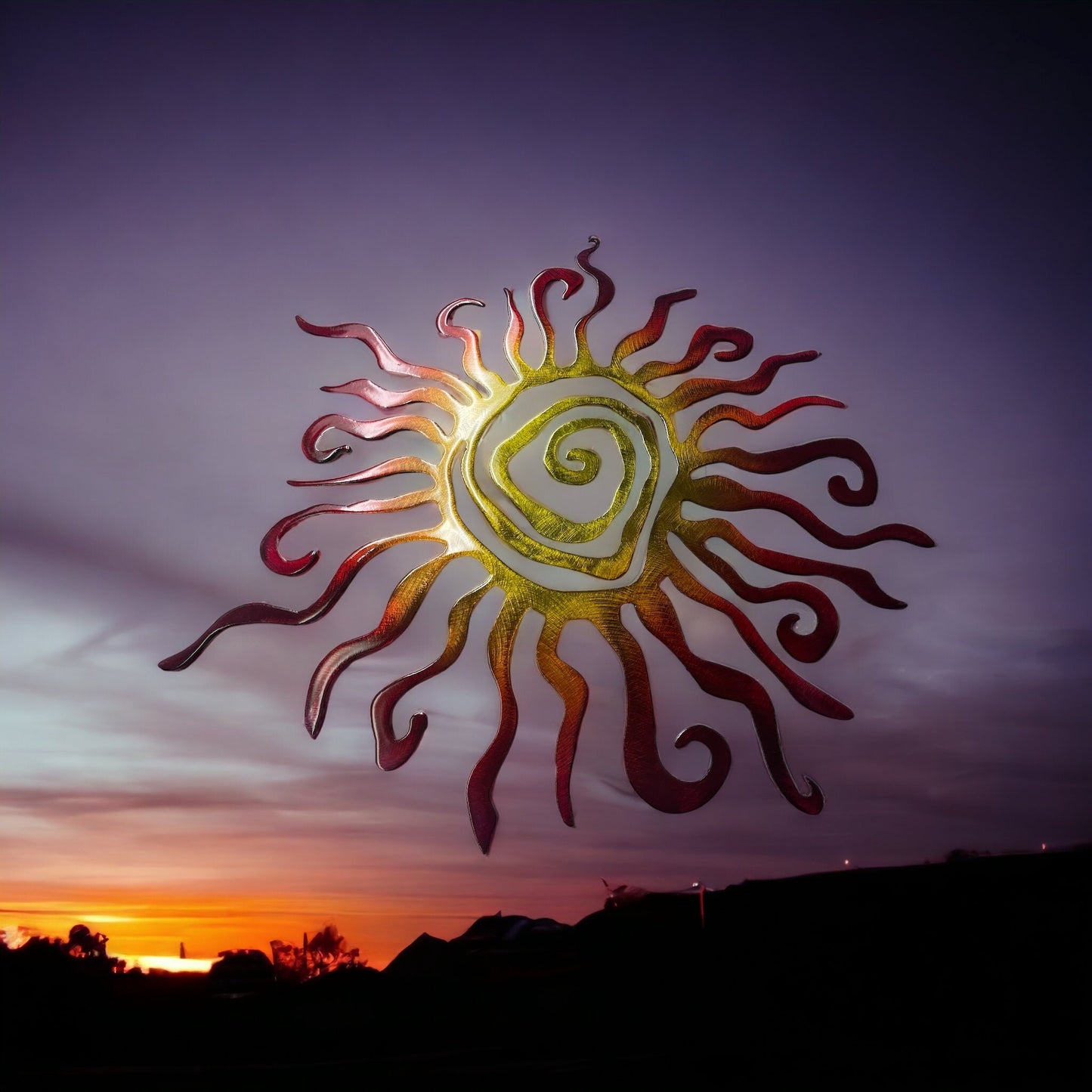 Fiery Southwestern Spiral Sun Metal Wall Art Fire Painted finish