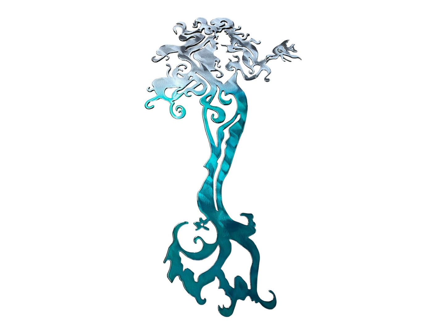 Tall Mermaid with a Fish - Metal Wall Art Teal Tainted