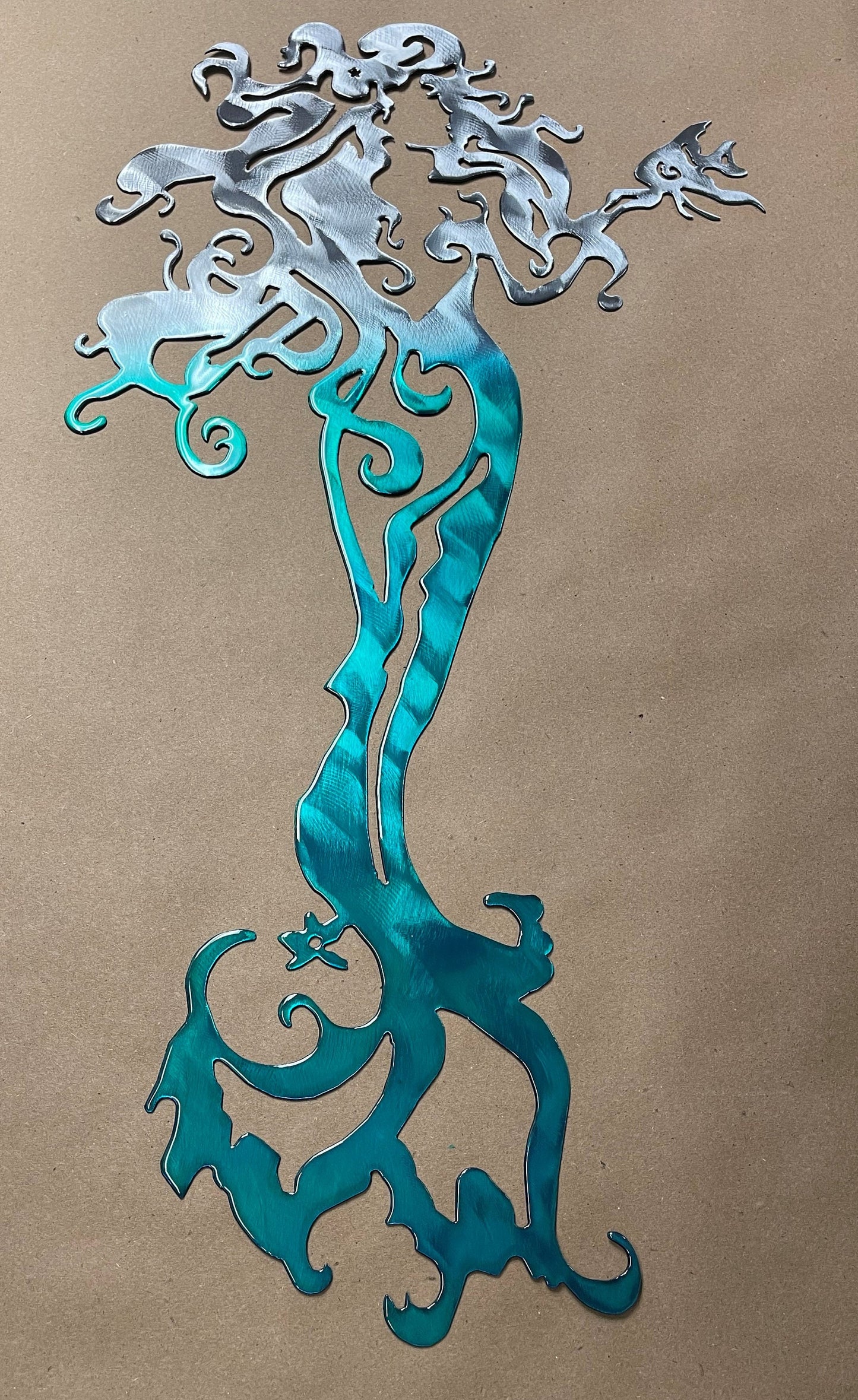 Tall Mermaid with a Fish - Metal Wall Art Teal Tainted
