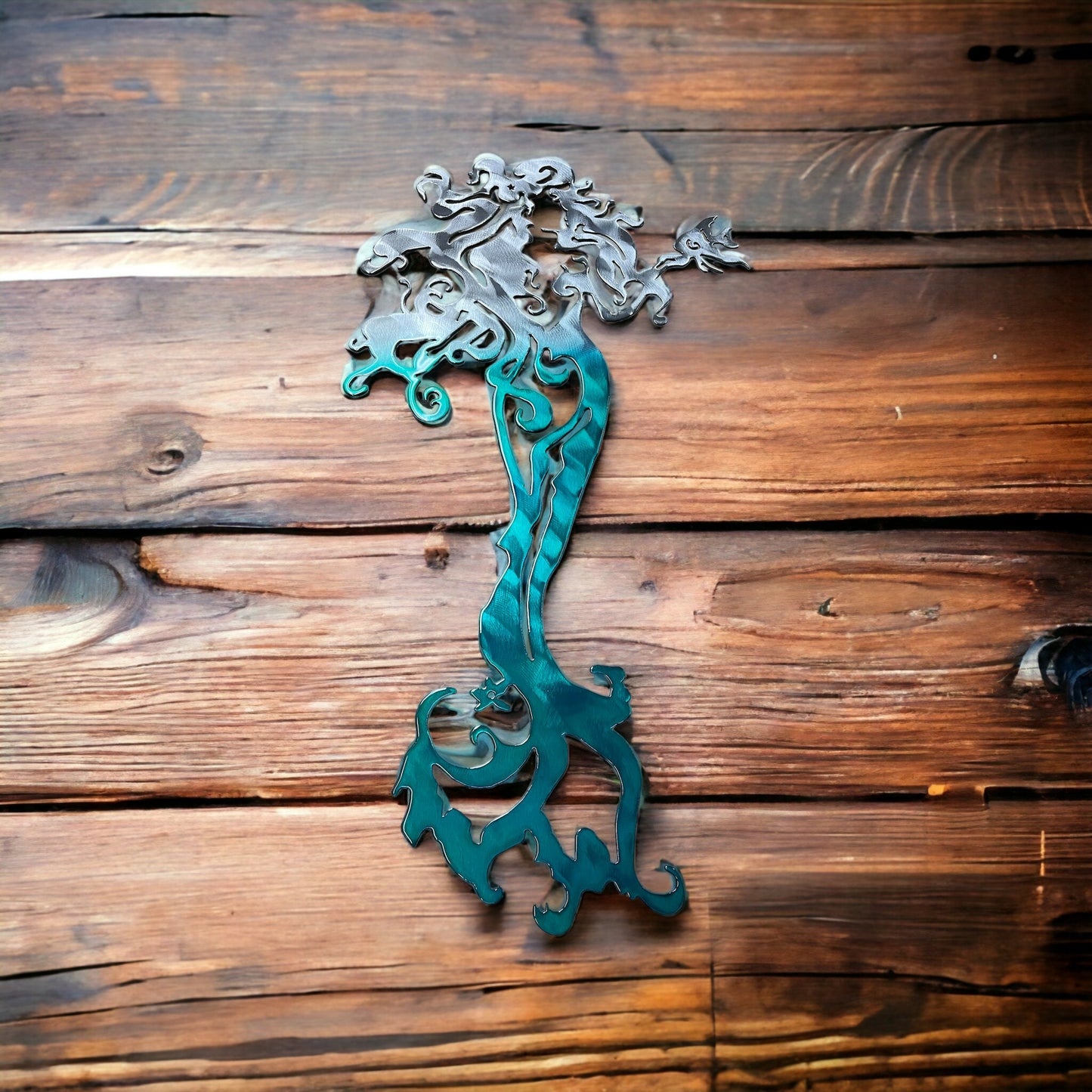 Tall Mermaid with a Fish - Metal Wall Art Teal Tainted