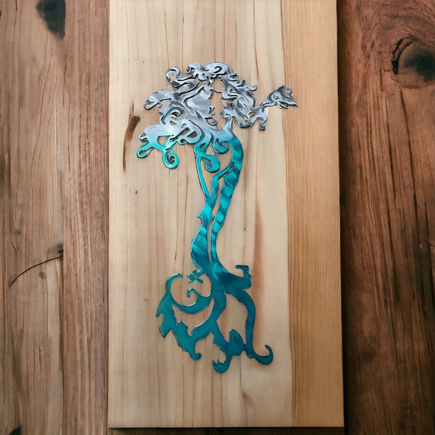 Tall Mermaid with a Fish - Metal Wall Art Teal Tainted