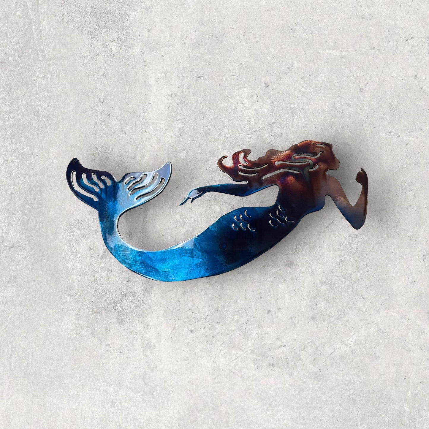 Swimming Mermaid - Metal Wall Art Copper/Bronzed Plated with a Marbled Blue Finish