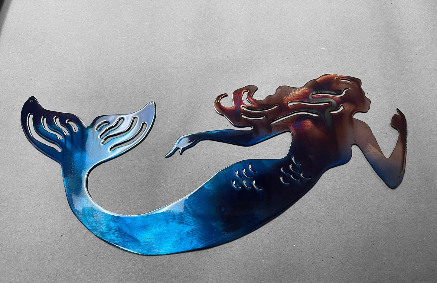 Swimming Mermaid - Metal Wall Art Copper/Bronzed Plated with a Marbled Blue Finish