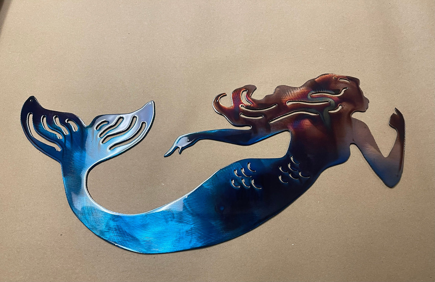 Swimming Mermaid - Metal Wall Art Copper/Bronzed Plated with a Marbled Blue Finish