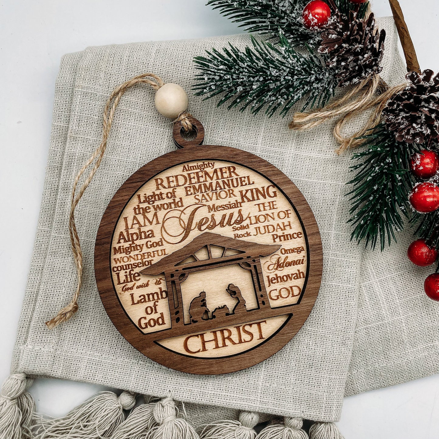 Nativity scene Names of Christ Christmas ornament | layered wood