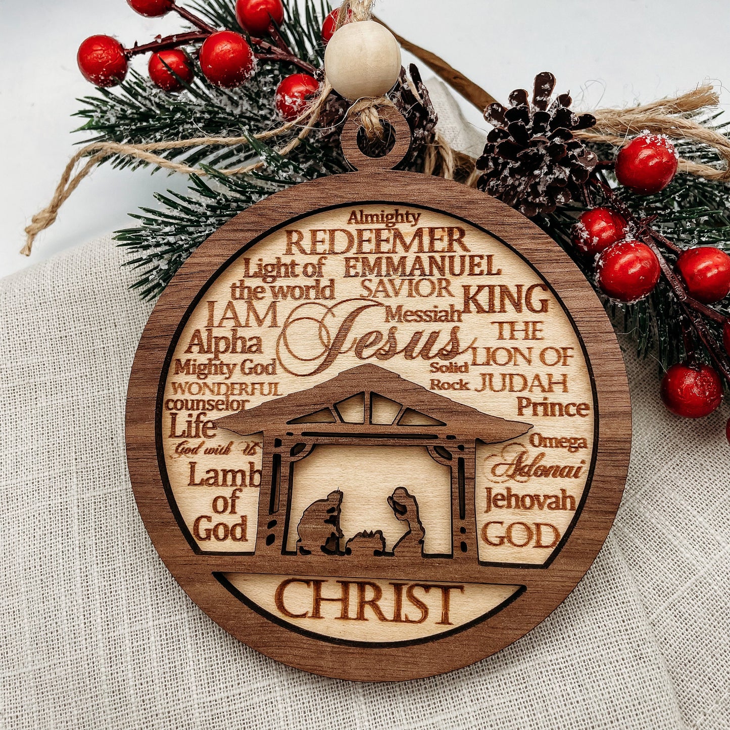 Nativity scene Names of Christ Christmas ornament | layered wood