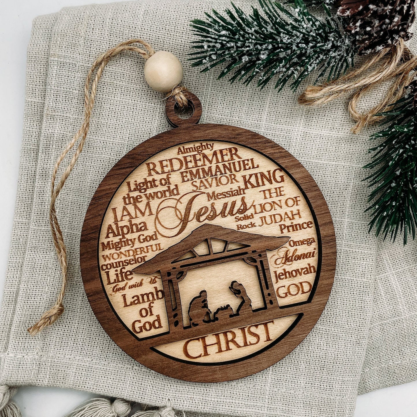 Nativity scene Names of Christ Christmas ornament | layered wood