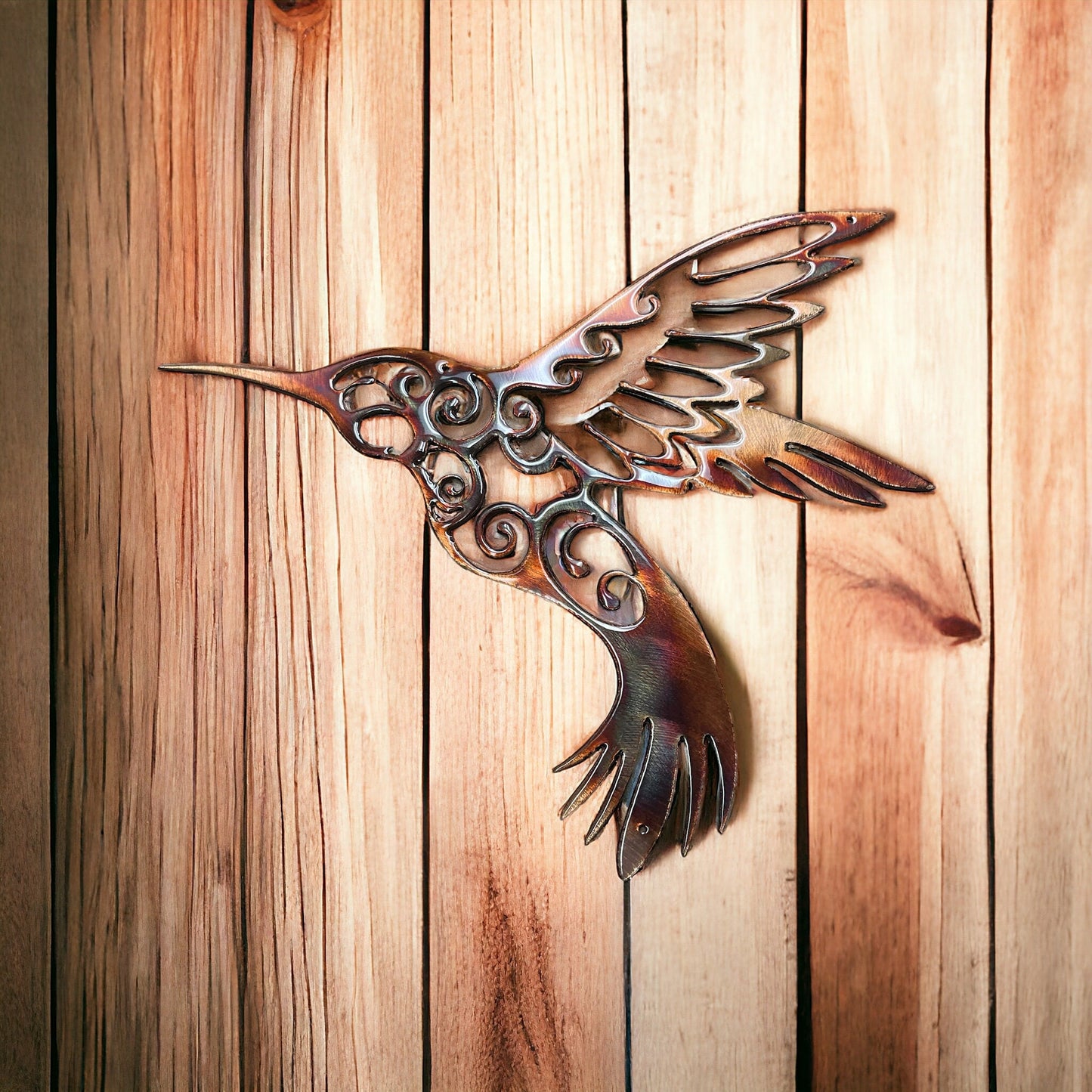Hummingbird w/ Ornamental Design - Metal Wall Art - Copper 12" x 11"