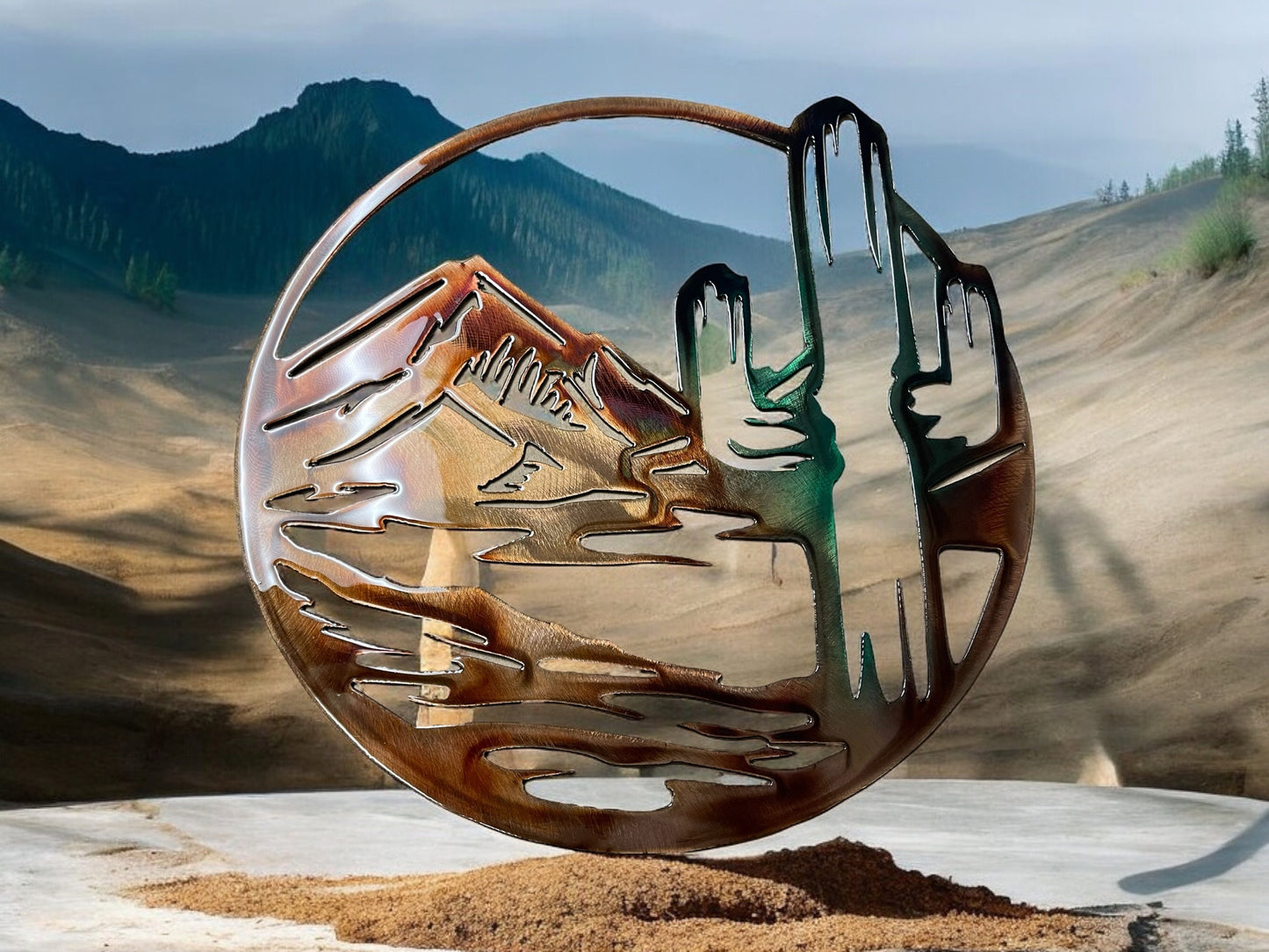Arizona Cactus Circle Metal Wall Art - Copper and Green Marbled - 14" x 13 3/4"