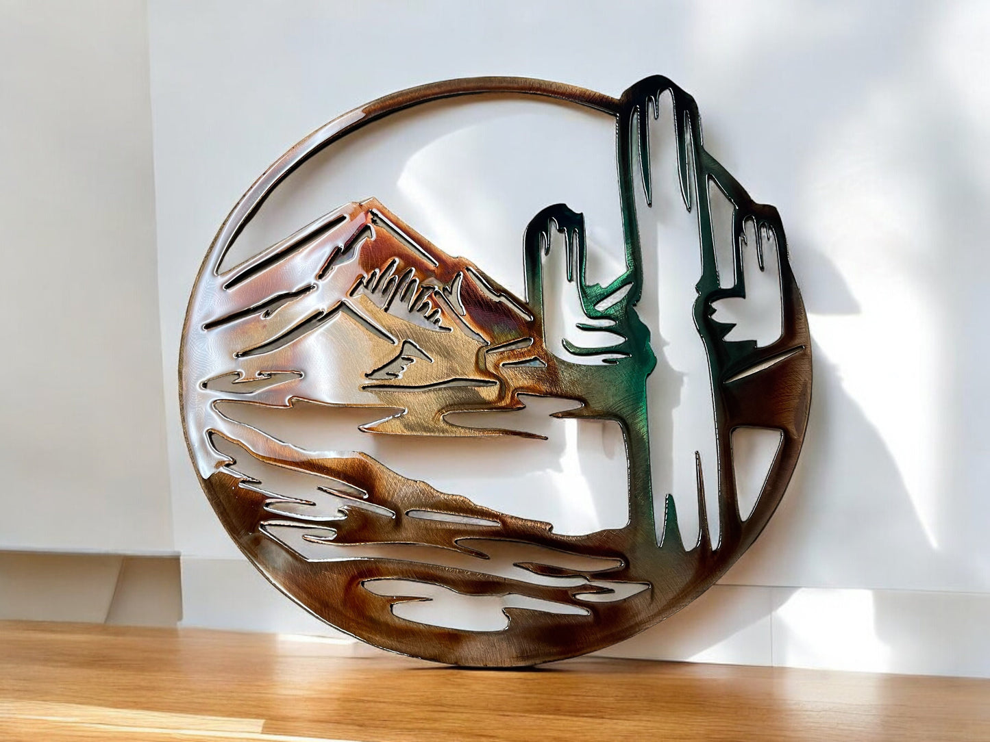 Arizona Cactus Circle Metal Wall Art - Copper and Green Marbled - 14" x 13 3/4"