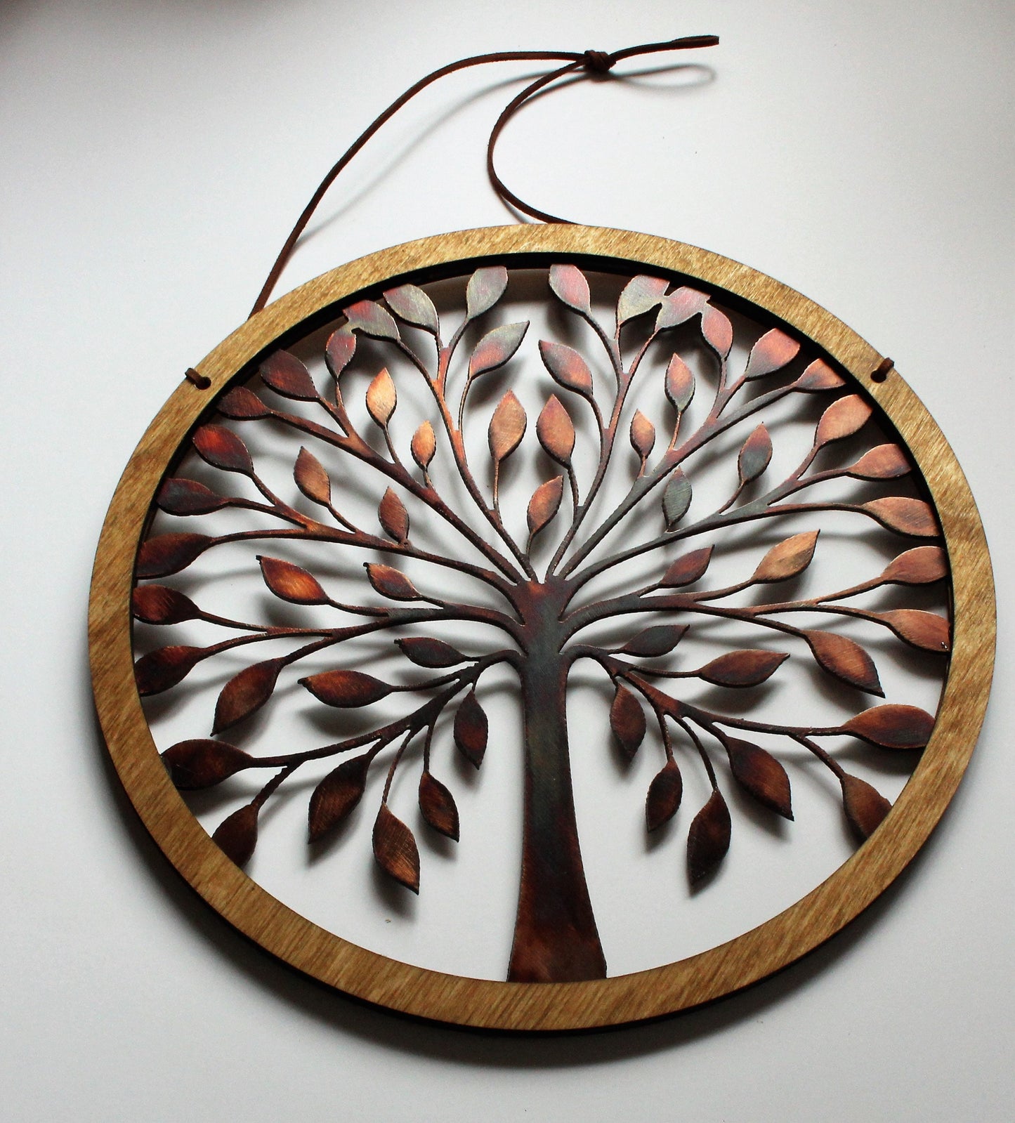 Rustic Wood and Tree of Life Wall Hanging Circle 10 3/4"Copper Bronzed