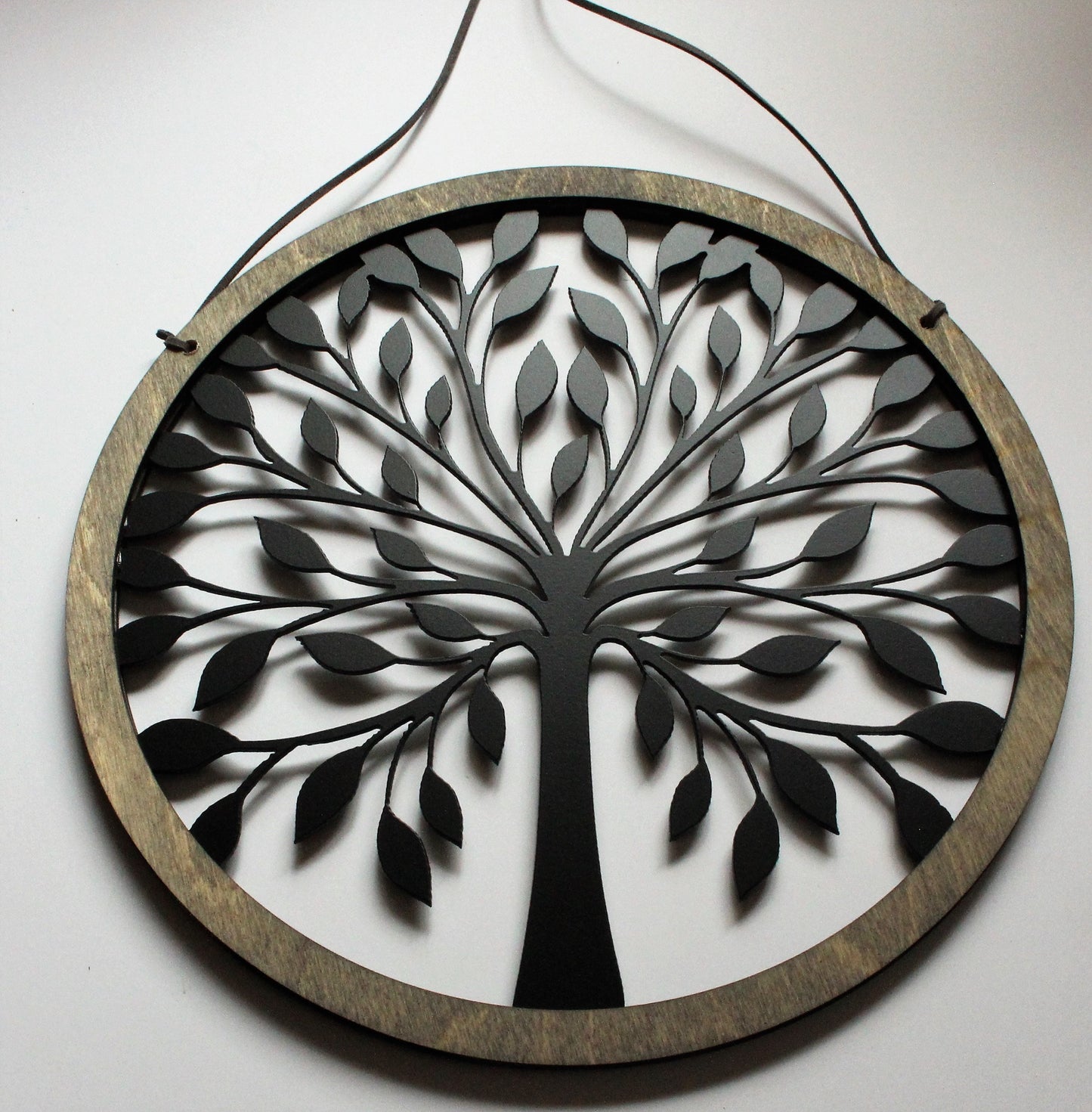 Rustic Wood and Tree of Life Wall Hanging Circle 10 3/4" Black Powder Coated