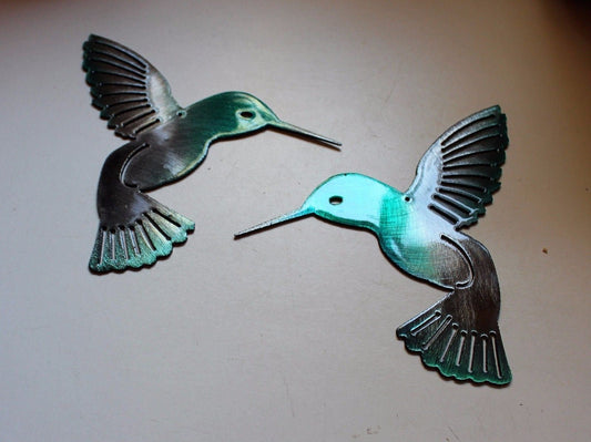 Hummingbird Teal Tainted Pair Metal Wall Art Decor 6" x 6" each