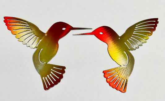 Hummingbird Fire  Tinged Pair Metal Wall Art Décor 6" x 6" each