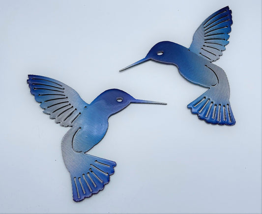 Caribbean Lapis Blue Tinged Hummingbird Pair Metal Wall Art Décor 6" x 6" each