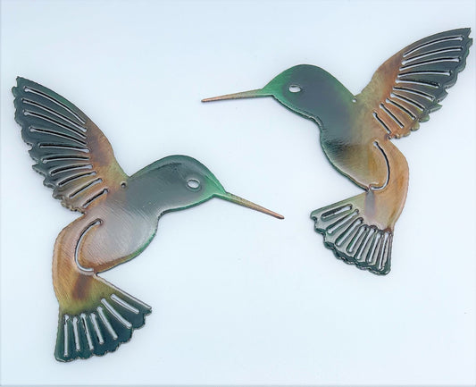 Hummingbird Autumn Green Pair Metal Wall Art Décor 6" x 6" each