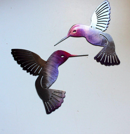 Hummingbird Fuchsia Tainted Pair Metal Wall Art Décor 6" x 6" each