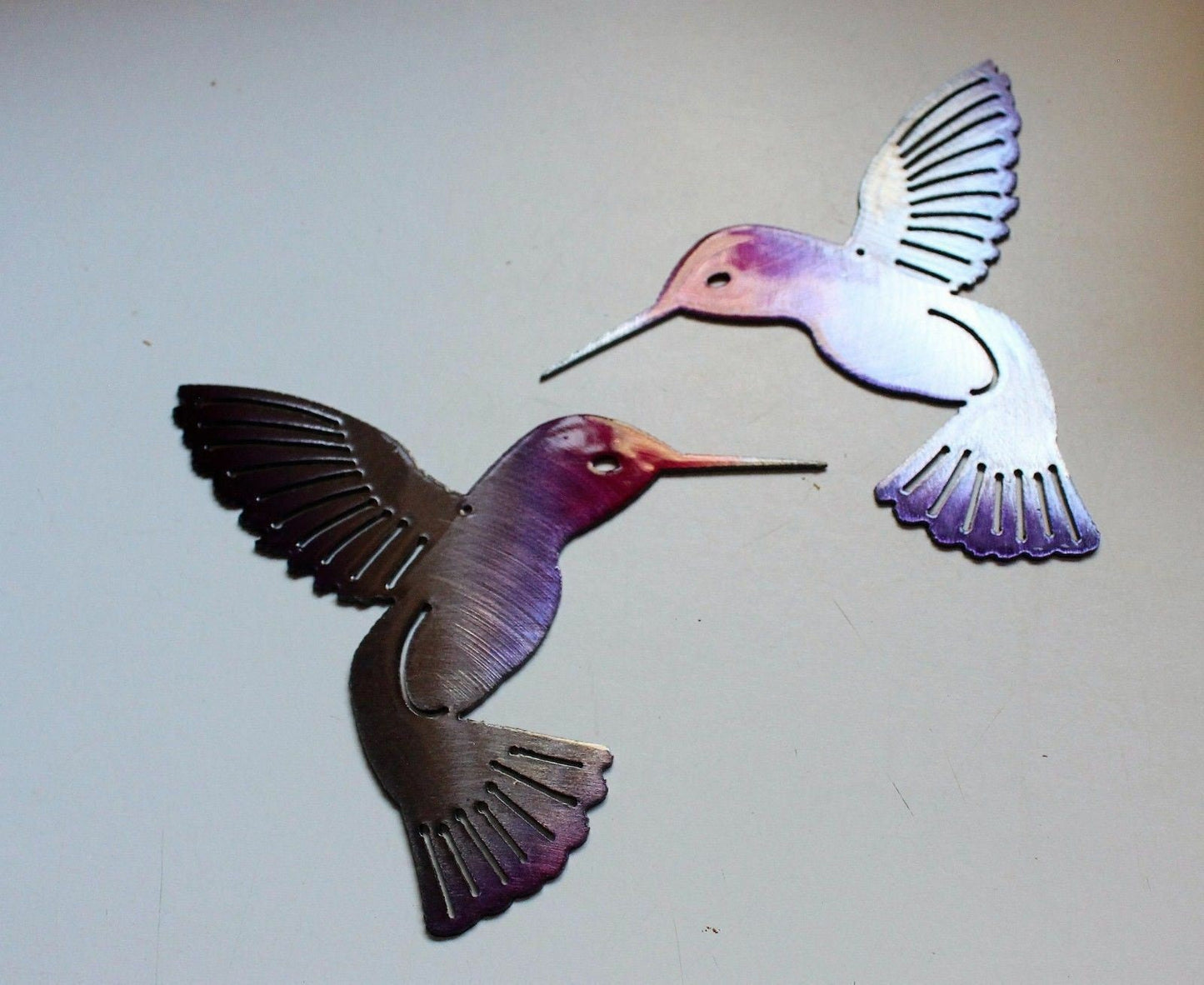 Hummingbird Fuchsia Tainted Pair Metal Wall Art Décor 6" x 6" each