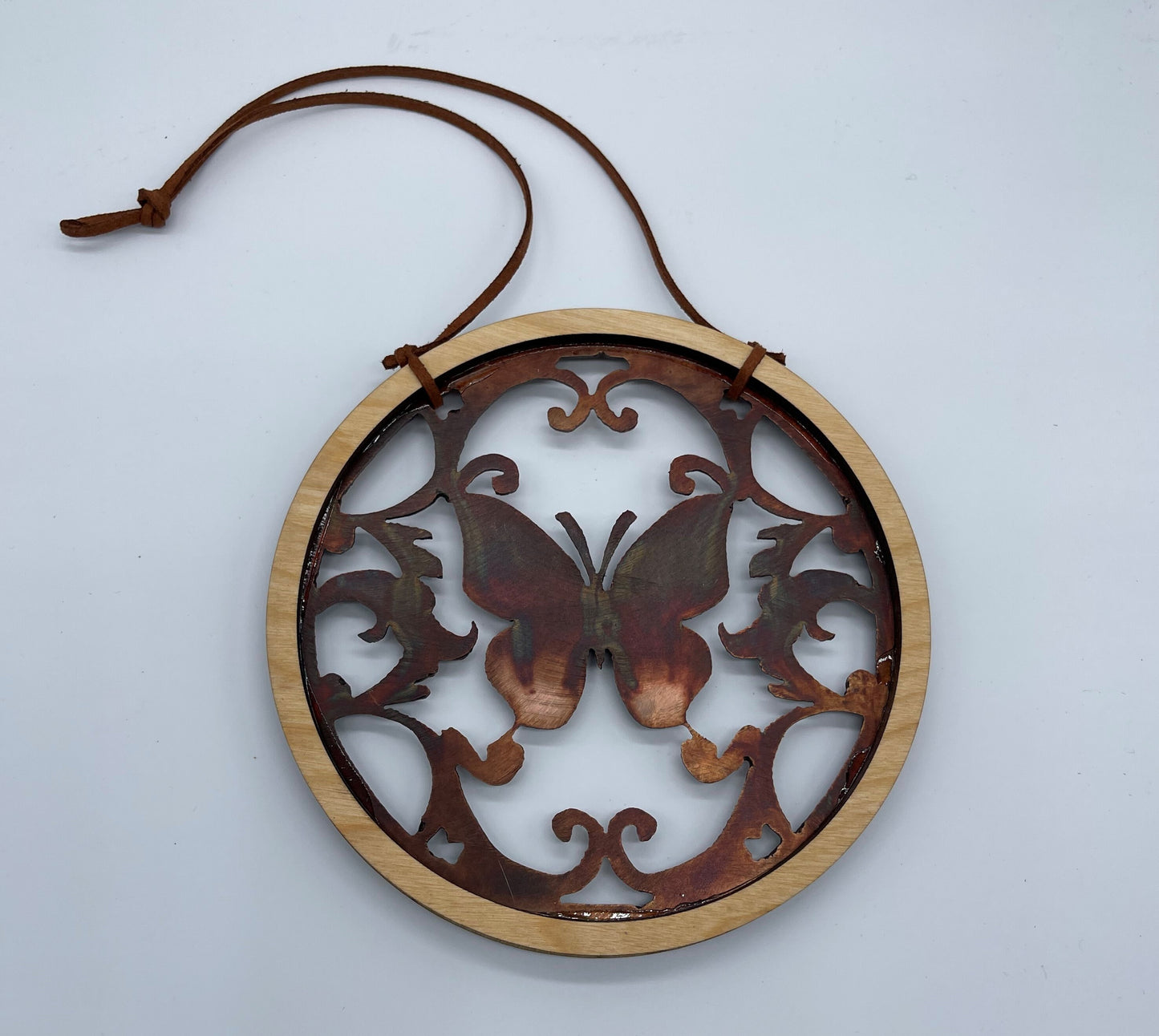 Rustic Wood and Butterfly Metal Wall Accent or Sun Catcher Copper Plated