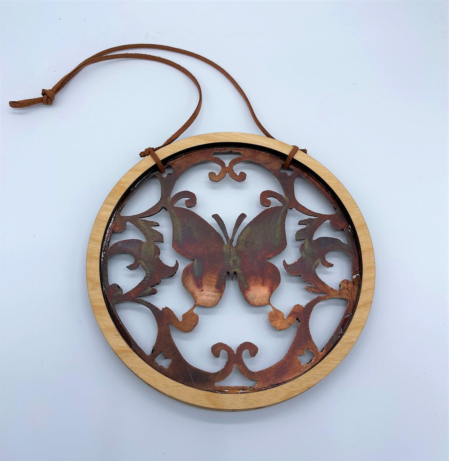 Rustic Wood and Butterfly Metal Wall Accent or Sun Catcher Copper Plated