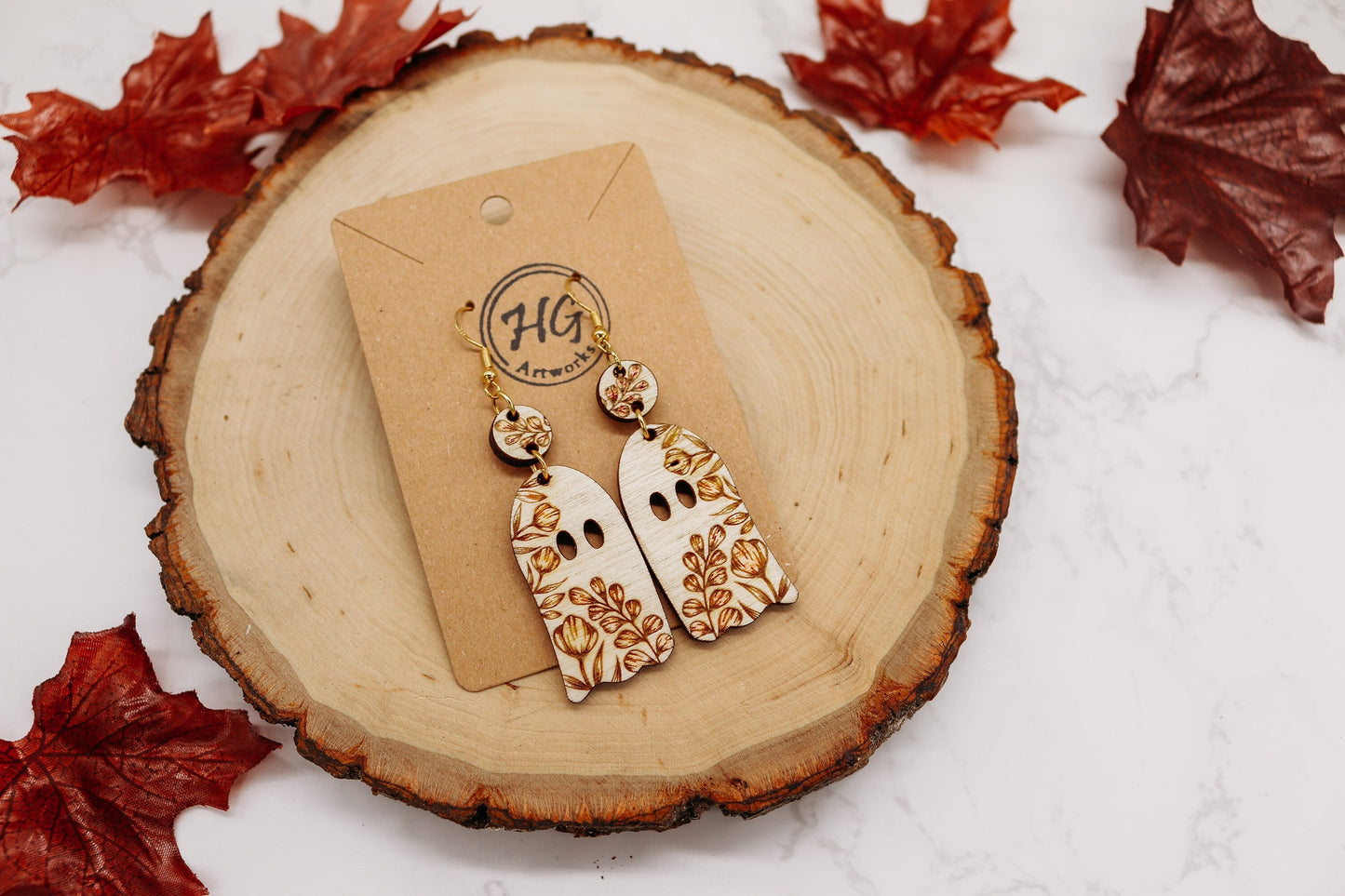 Floral Ghost Dangle Earrings | Halloween | wooden