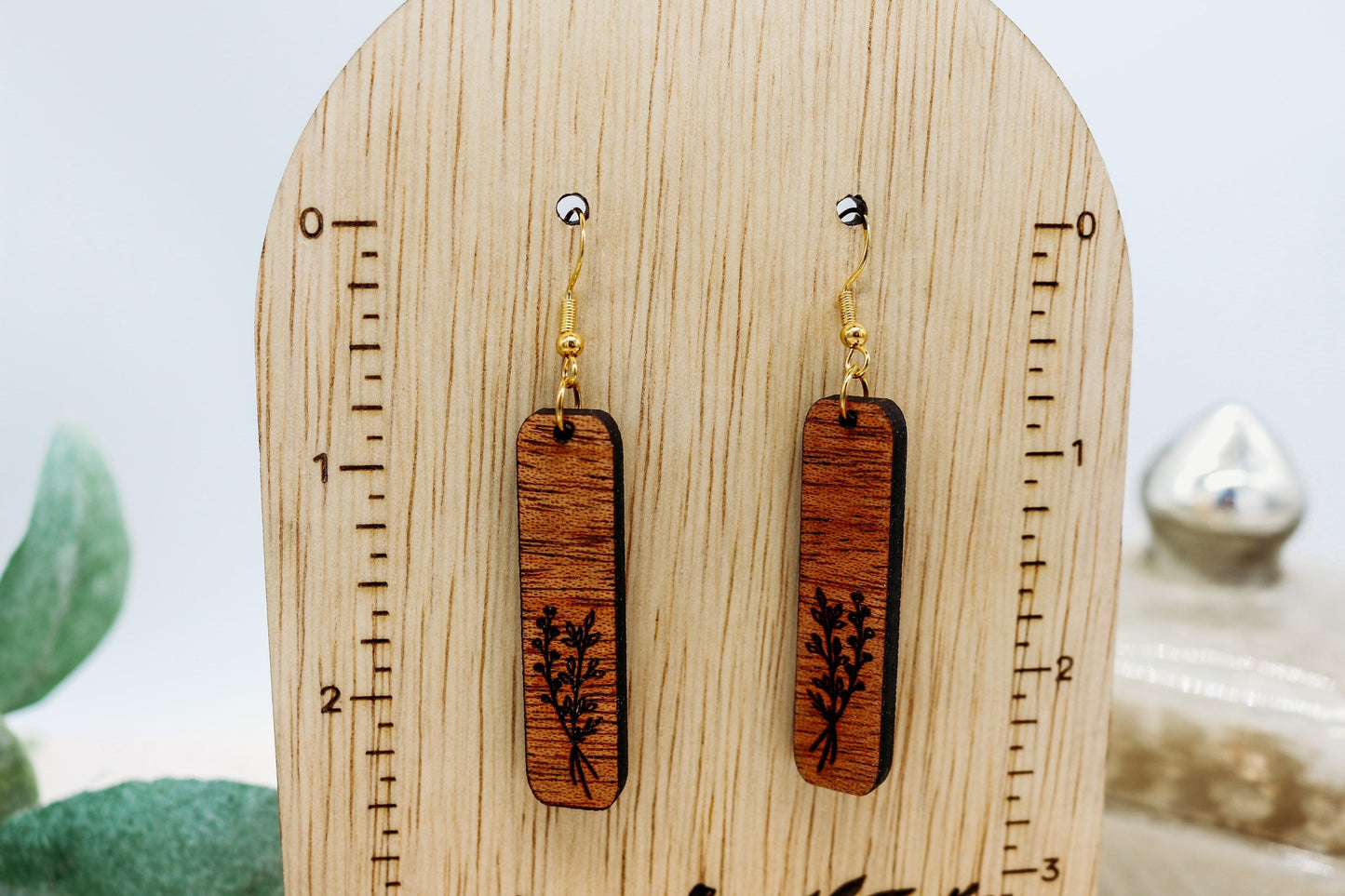 Floral branch Rectangle Dangle Earrings | Fall season | wooden