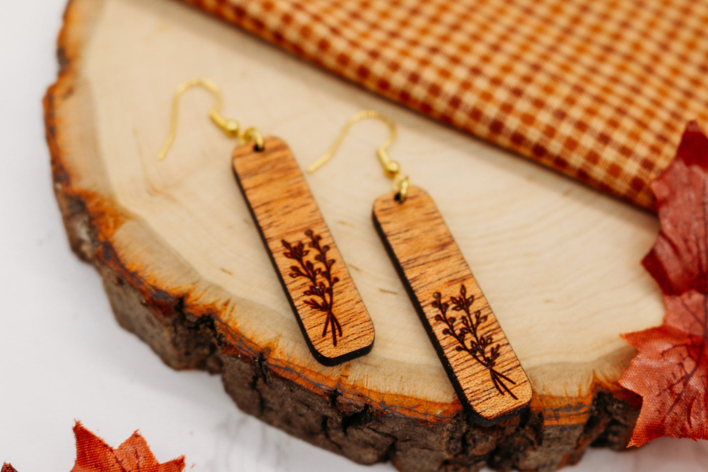 Floral branch Rectangle Dangle Earrings | Fall season | wooden