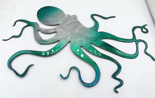 Ocean Octopus Metal Wall Art Accent approx 13" x 8" Teal Tinged