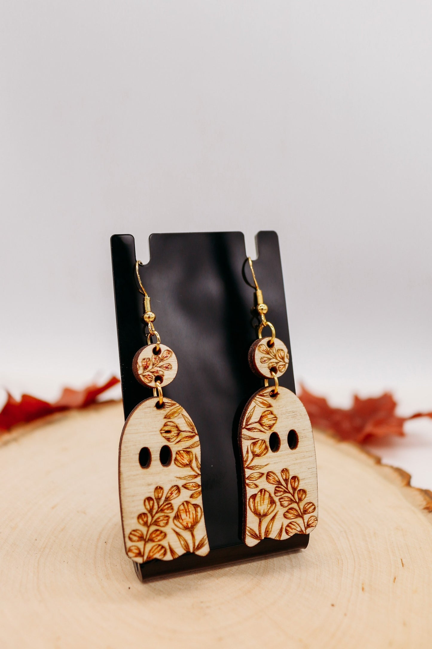 Floral Ghost Dangle Earrings | Halloween | wooden