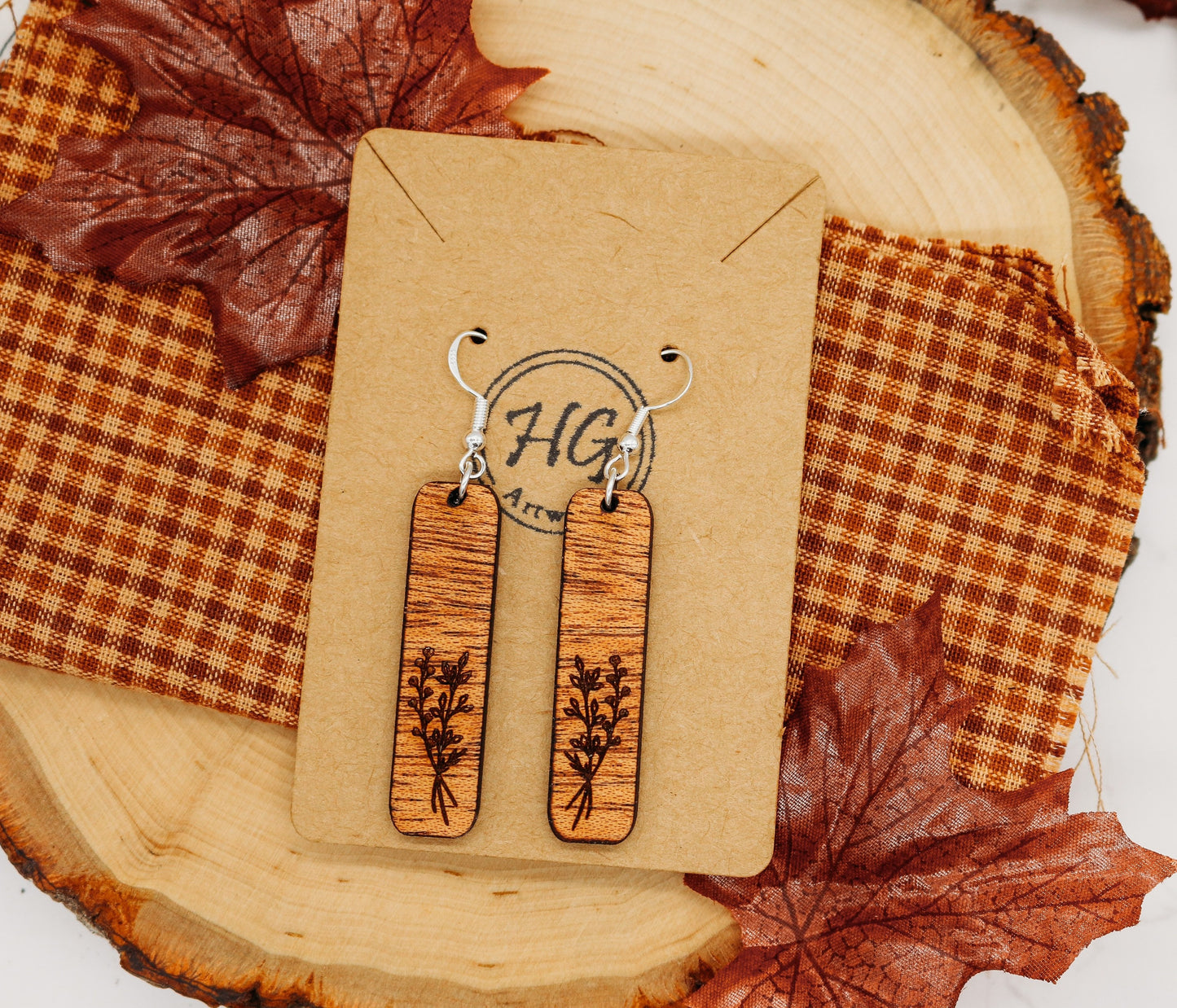 Floral branch Rectangle Dangle Earrings | Fall season | wooden