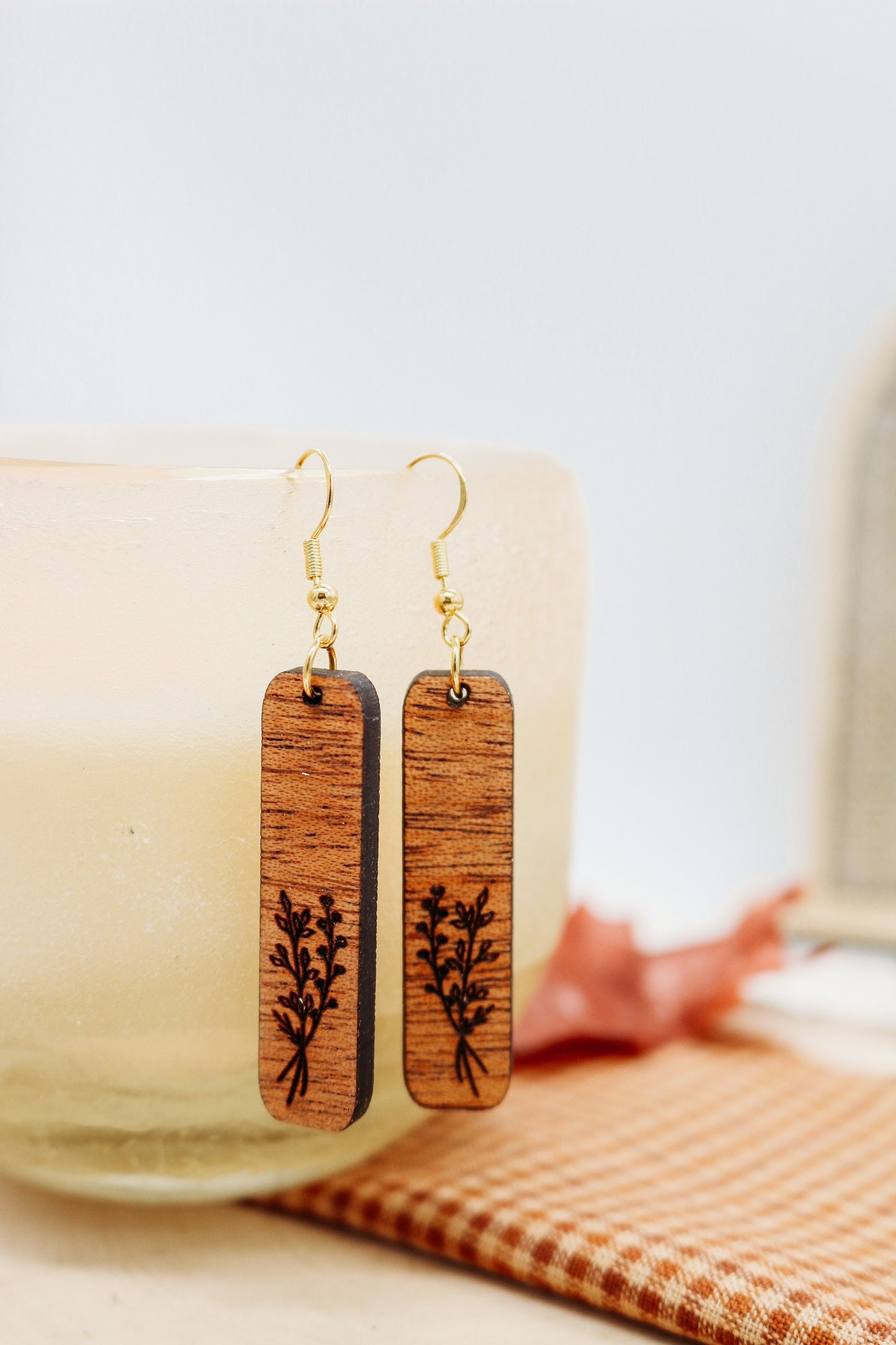 Floral branch Rectangle Dangle Earrings | Fall season | wooden