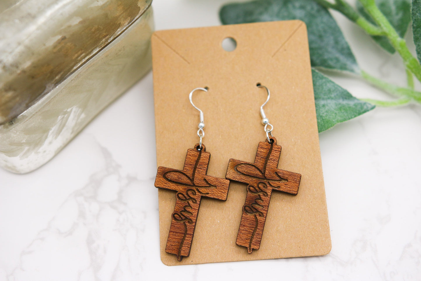 Cursive Cross Earrings | Christian | wooden jewelry | handmade