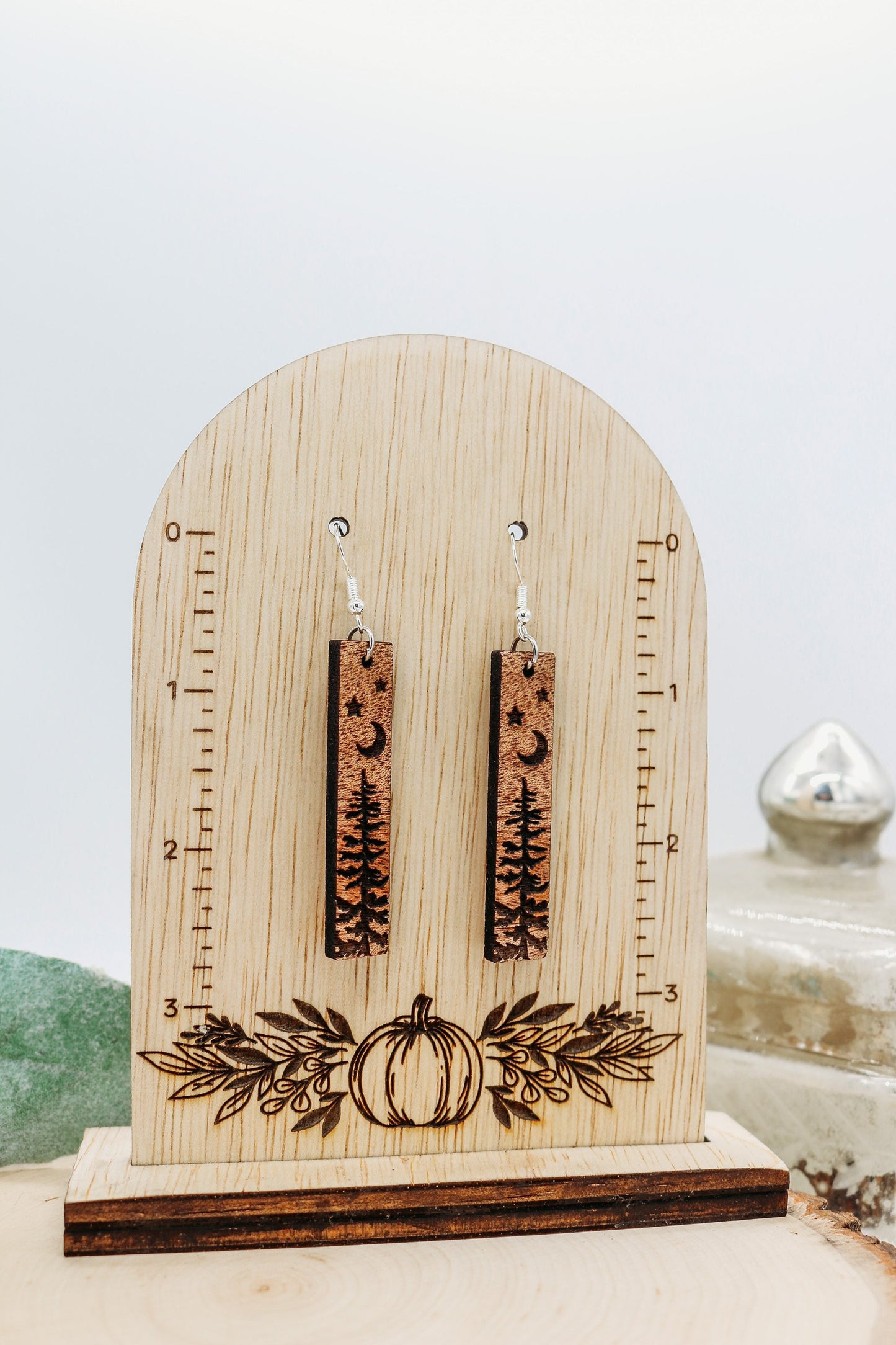 Pine tree moon Rectangle Dangle Earrings | Fall season | wooden