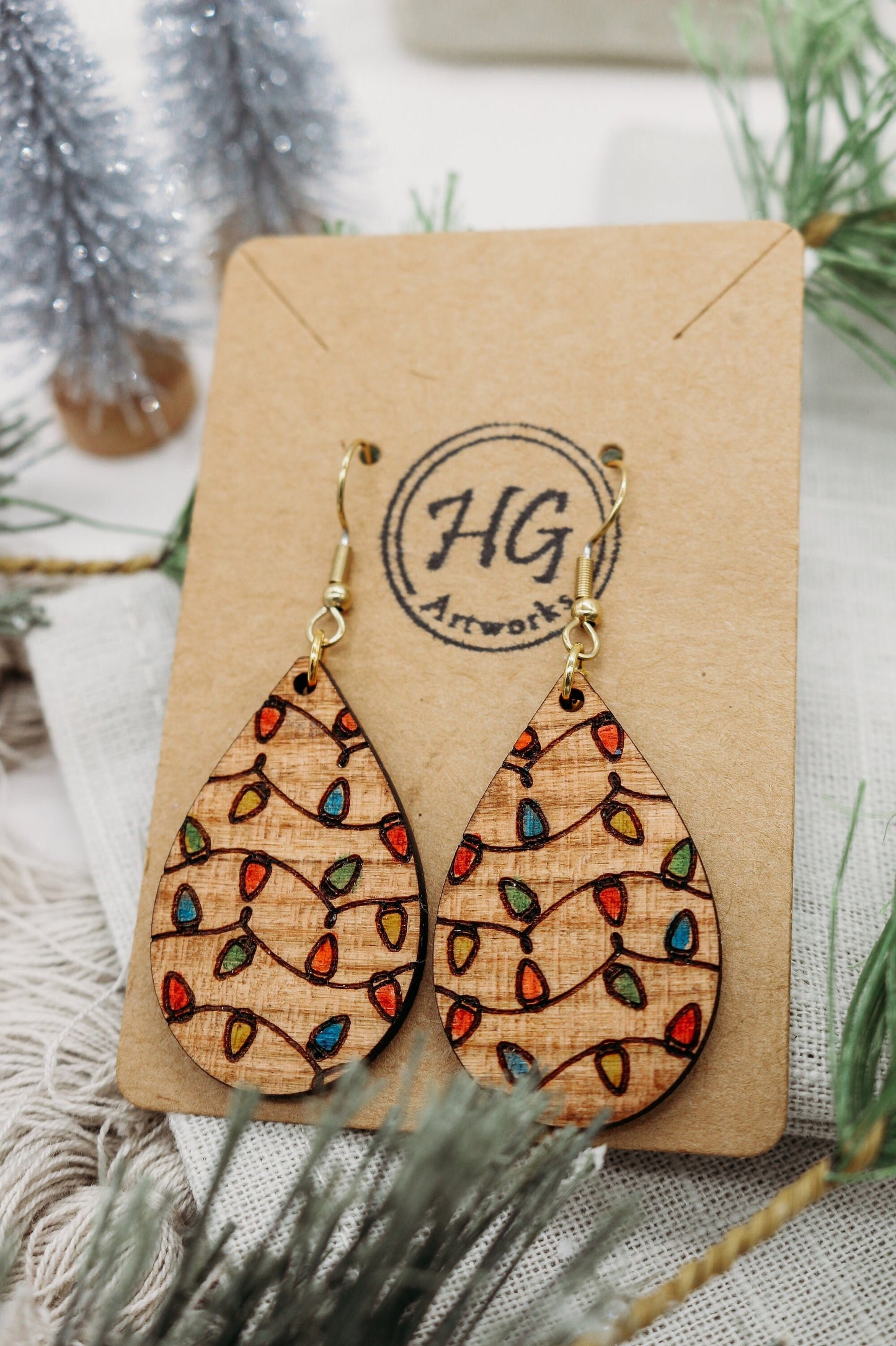 Christmas Lights Wooden Earrings