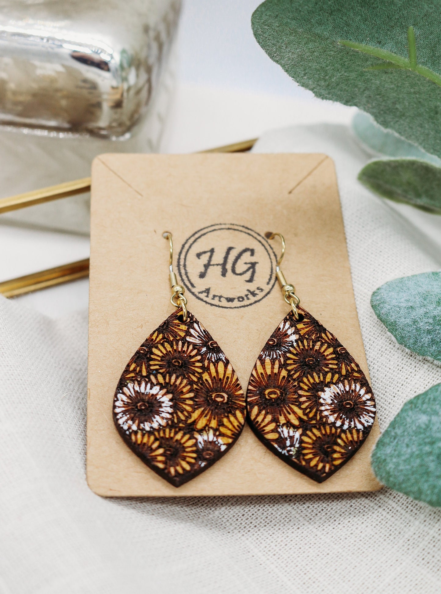 Yellow and White Daisy Wooden Earrings