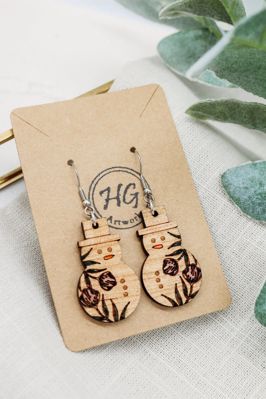 Floral Snowmen Wooden Earrings