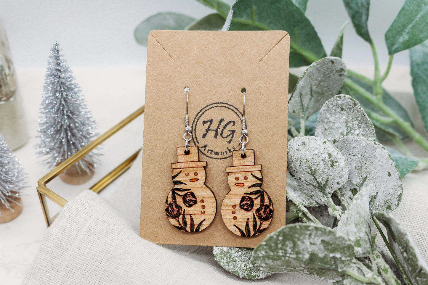 Floral Snowmen Wooden Earrings