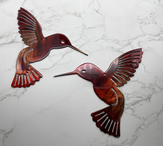 Hummingbird Red Tinged Copper Pair Metal Wall Art Décor 12" x 12" each