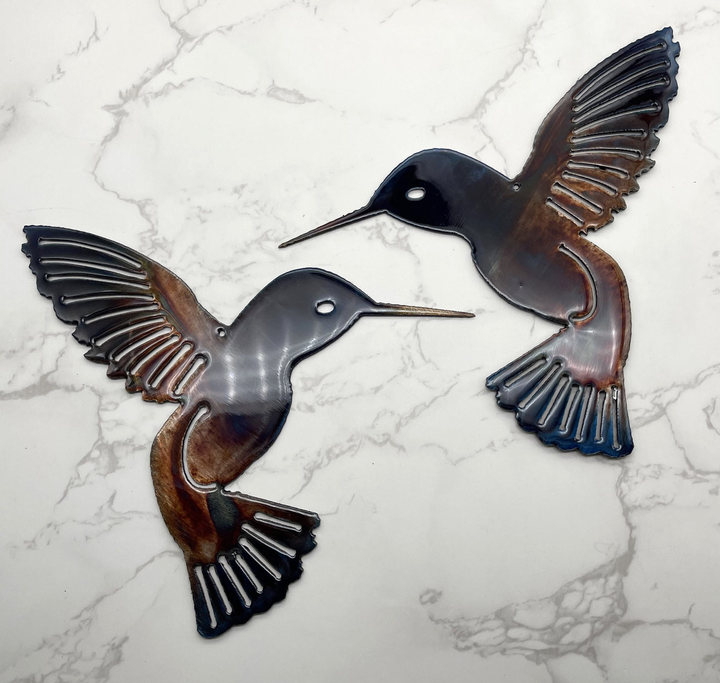 Hummingbird Blue Tinged Copper Pair Metal Wall Art Décor 6" x 6" each