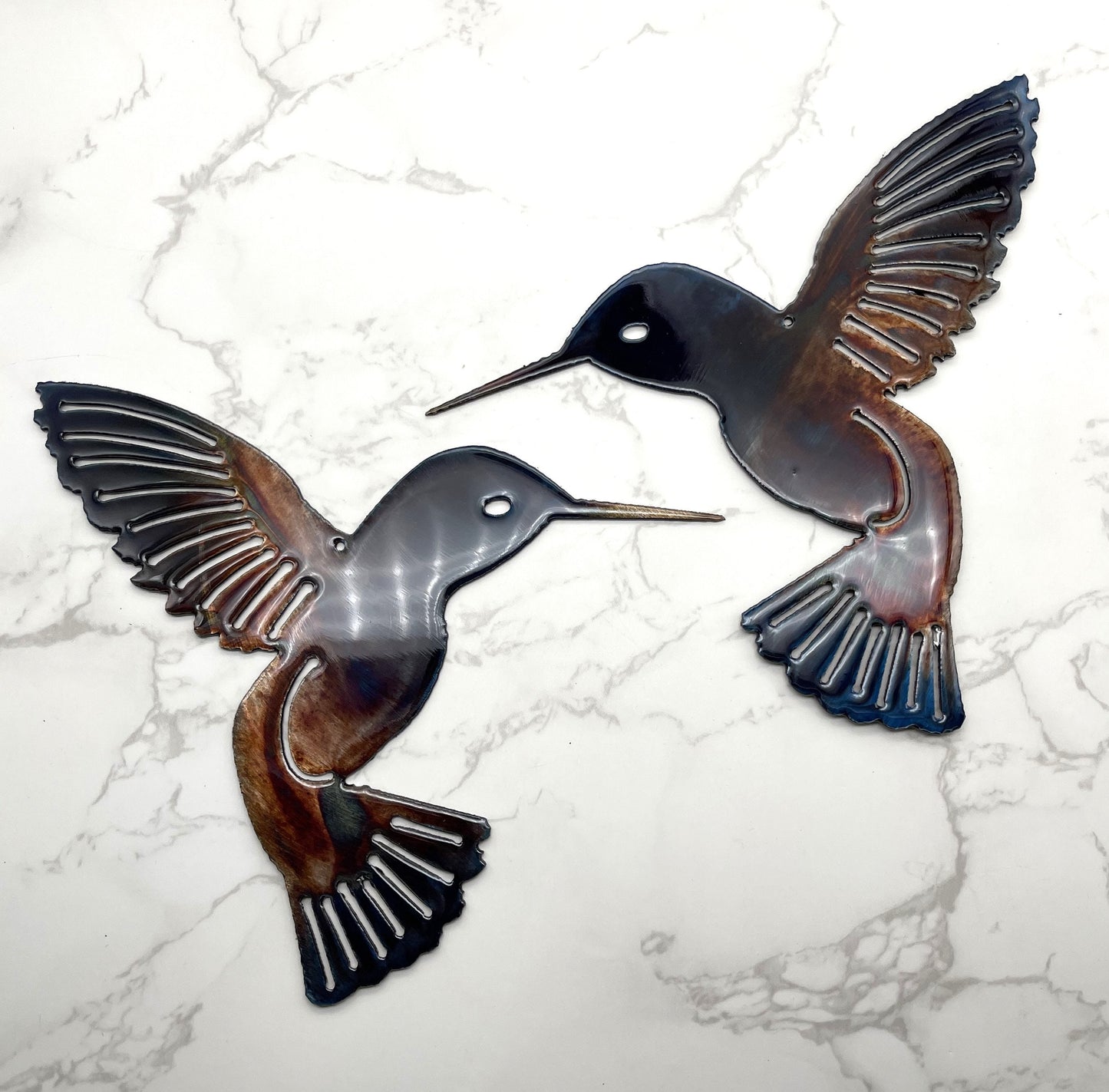 Hummingbird Blue Tinged Copper Pair Metal Wall Art Décor 6" x 6" each