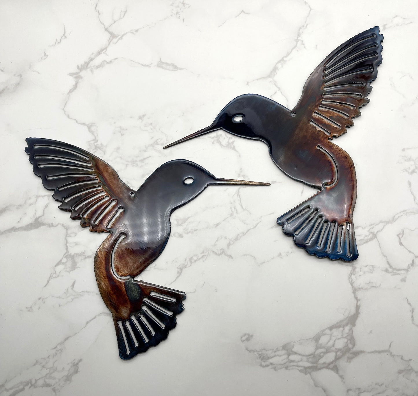 Hummingbird Blue Tinged Copper Pair Metal Wall Art Décor 6" x 6" each