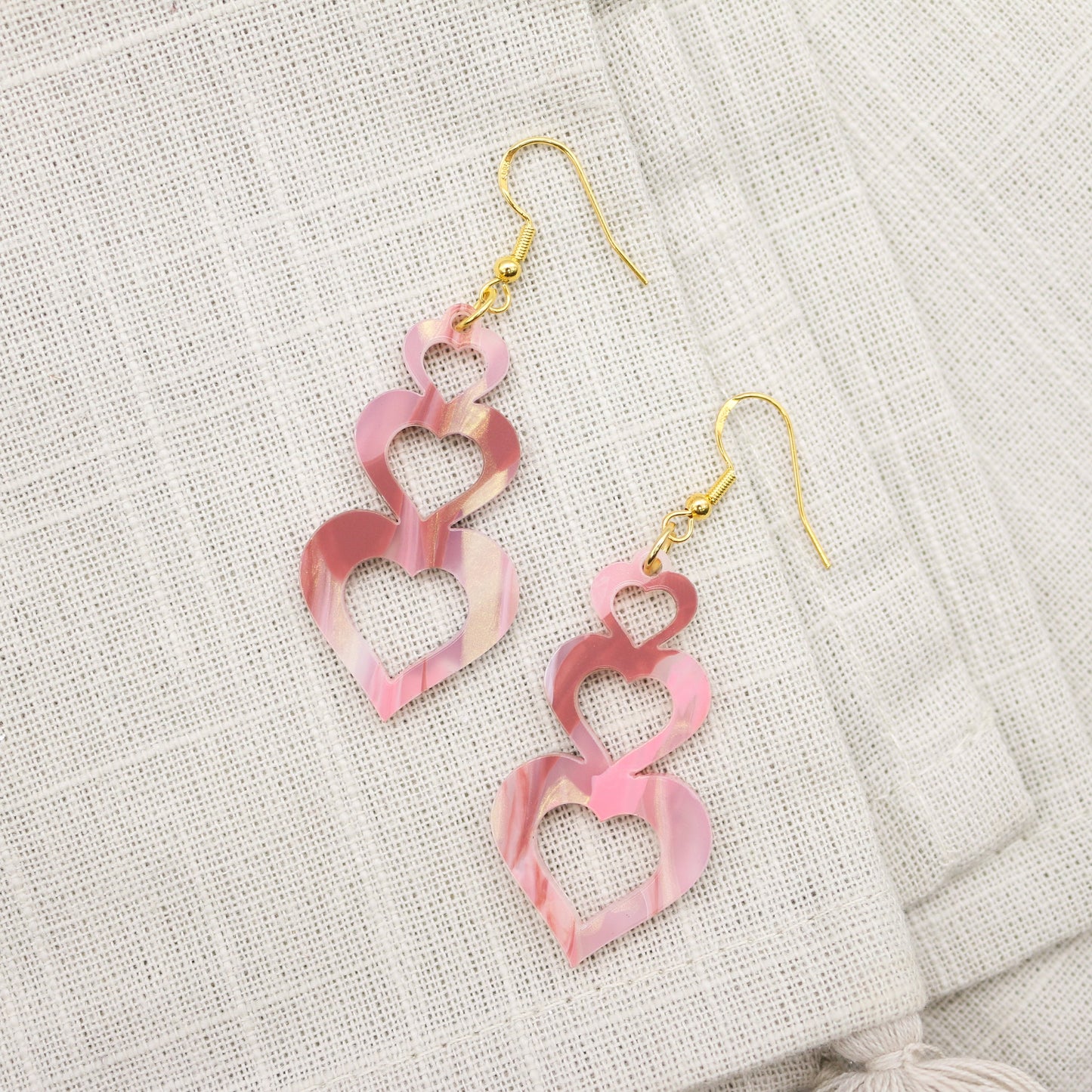 Valentine Hearts/Trio Hearts/Stacked in Love Drop Earrings Pink Marble