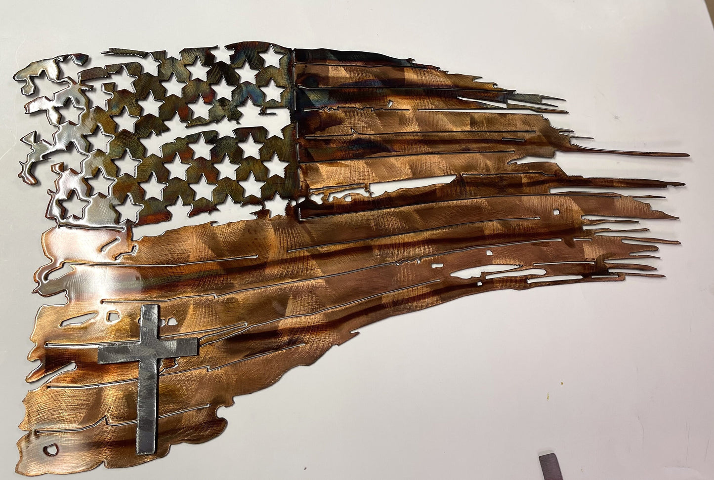 Tattered & Torn American Flag Metal Wall Art Copper/Bronze Pltd with Cross 22 1/2" wide